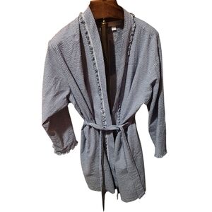 Eileen West Wrap Ruffled Short Blue & White Striped Robe Size XL